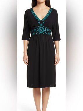 B. Darlin Black Turquoise Embroidered Short Sleeve Tie Dress Size‎ 7/8 (Medium)